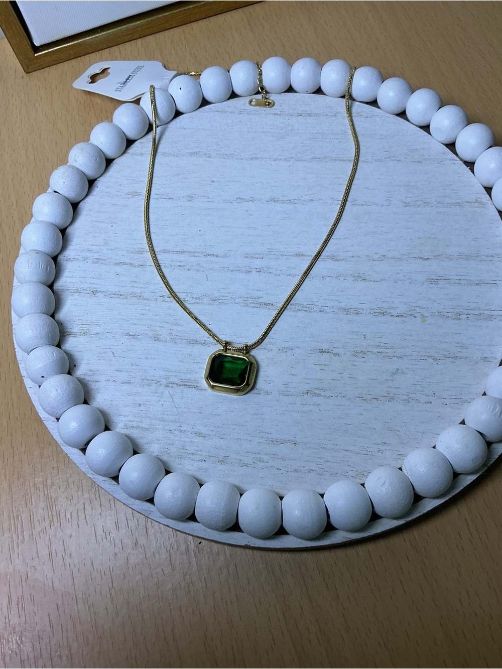 Gold-Tone Necklace with Emerald Green Gem Pendant